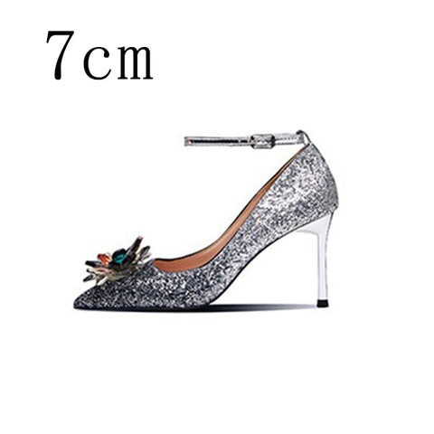 Women Wedding Shoes High Heels Cinderella Crystal Shoes Woman Pumps Rhinestone Pointed Toe Glitter Party Shoes Sliver Plus Size