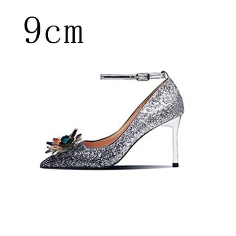 Women Wedding Shoes High Heels Cinderella Crystal Shoes Woman Pumps Rhinestone Pointed Toe Glitter Party Shoes Sliver Plus Size