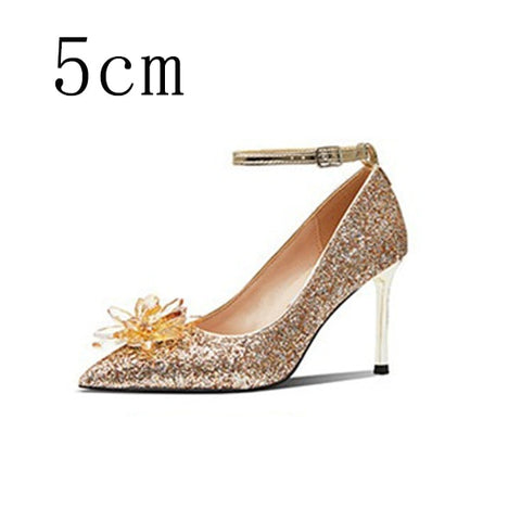 Women Wedding Shoes High Heels Cinderella Crystal Shoes Woman Pumps Rhinestone Pointed Toe Glitter Party Shoes Sliver Plus Size