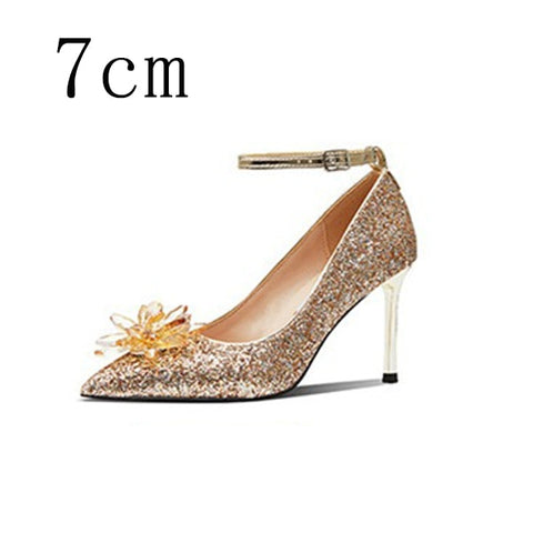 Women Wedding Shoes High Heels Cinderella Crystal Shoes Woman Pumps Rhinestone Pointed Toe Glitter Party Shoes Sliver Plus Size