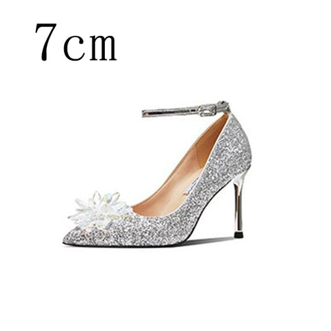 Women Wedding Shoes High Heels Cinderella Crystal Shoes Woman Pumps Rhinestone Pointed Toe Glitter Party Shoes Sliver Plus Size