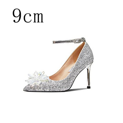 Women Wedding Shoes High Heels Cinderella Crystal Shoes Woman Pumps Rhinestone Pointed Toe Glitter Party Shoes Sliver Plus Size