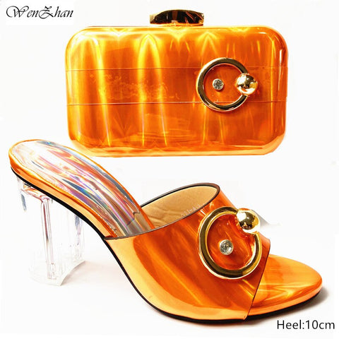 WENZHAN Italian matching shoes and bag set orange african wedding high heel shoes and bags With Metal Decoration 911-29