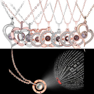 Love Heart Romantic Love Memory Wedding Necklace Rose Gold&Silver 100 languages I love you Projection Pendant Necklace