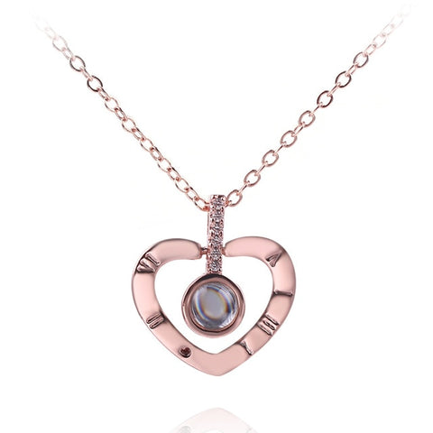 Love Heart Romantic Love Memory Wedding Necklace Rose Gold&Silver 100 languages I love you Projection Pendant Necklace