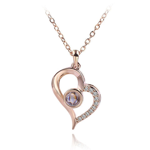 Love Heart Romantic Love Memory Wedding Necklace Rose Gold&Silver 100 languages I love you Projection Pendant Necklace