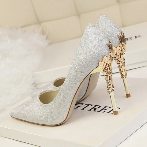 Elegant Metal Carved Heels Women Pumps 2019 High Quality Fashion Sexy Silk High Heels 13 Color 10cm Shoes Woman Wedding Shoes