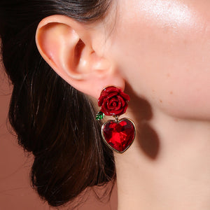 Fashion Jewelry Elegant New Arrival Red Color Rose Design Creative Lovely Memorable Heart Pendant Earring For Girfriend